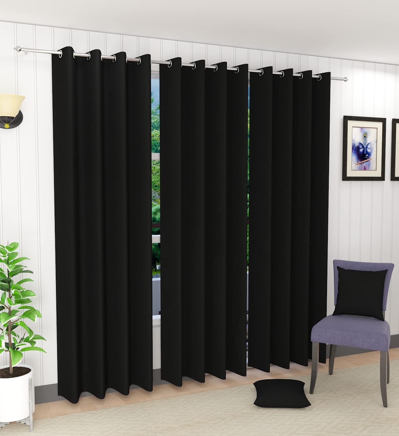 DecorVilla Blackout Faux Silk Curtains- 6 Feet- Black