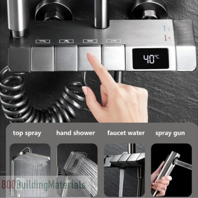 Tikwoork LED Digital Display Shower System with 4 Mode Piano Key, Wall Mounted Rain Mixer Shower
